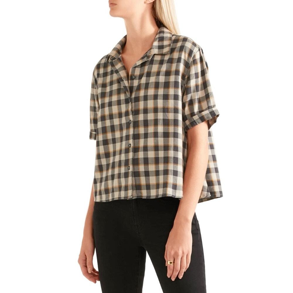 The Great The Bias Short Sleeve Shirt Warm Plaid Cropped Button Down SZ XS